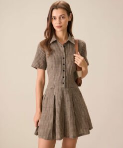 Brown Plaid Lapel Pleated Mini Dress