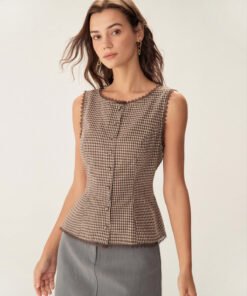 Brown Plaid Single Breasted Vest
