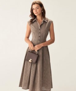 Brown Plaid Button Pleated Midi Dress