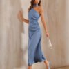 Blue One Shoulder A-Line Satin Maxi Dress