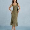 Green Square Neck Lace Floral Midi Dress