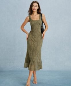 Green Square Neck Lace Floral Midi Dress
