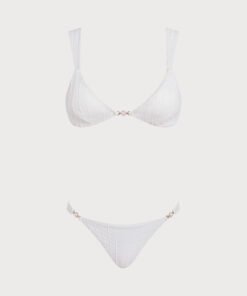 White V Neck Textured Bralette Bikini Set