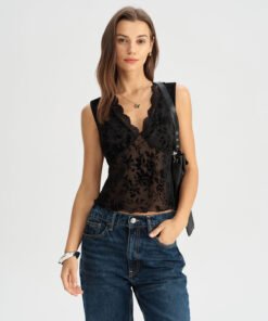 Black Lace V Neck Tank Top