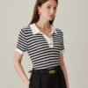 Black Collar Striped Button Knit Cardigan