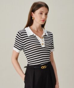 Black Collar Striped Button Knit Cardigan