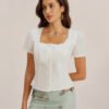 White Square Neck Button Lace Blouse