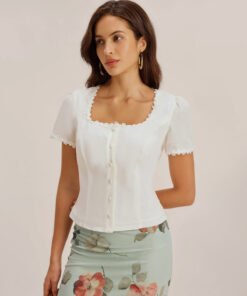 White Square Neck Button Lace Blouse