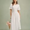 White Round Neck Floral Midi Dress