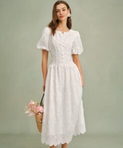 White Round Neck Floral Midi Dress