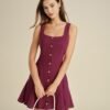 Red Square Neck Button Mini Dress