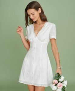 White V Neck Embroidery Lace Mini Dress