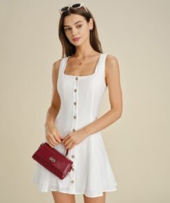 White Square Neck Button A-Line Mini Dress