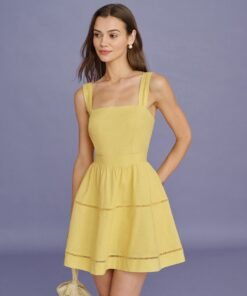 Yellow Square Neck Shirred Mini Dress