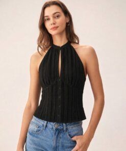 Black Mandarin Collar Cut Out Tank Top