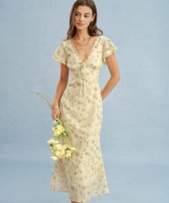 Yellow V Neck Lace Floral Maxi Dress