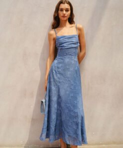 Blue Jacquard Ruched Slip Maxi Dress