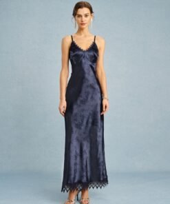 Navy Jacquard Lace Slip Maxi Dress