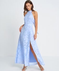 Blue Mock Neck Jacquard Maxi Dress