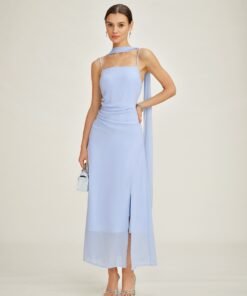 Blue Cowl Neck Strap Chiffon Maxi Dress