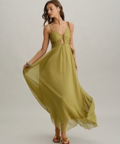 Green Ruched Slip Maxi Dress