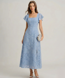 Blue Floral Square Neck Midi Dress