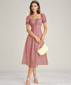 Pink Square Neck Floral Chiffon Midi Dress