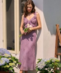 Purple Floral Ruffle Tie Strap Midi Dress