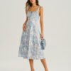 Blue Floral Ruched Slip Midi Dress