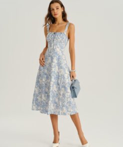 Blue Floral Ruched Slip Midi Dress