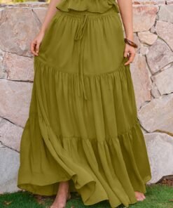 Green Elastic Waist Chiffon Maxi Skirt