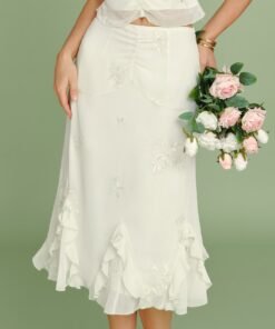Apricot Embroidery Ruffle Midi Skirt