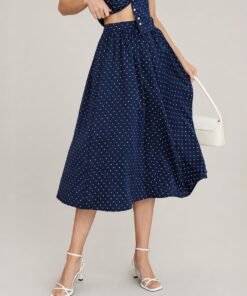 Blue Polka Dot Pockets Midi Skirt