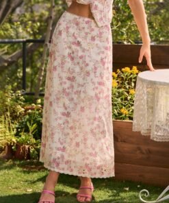 Pink Floral Embroidery Midi Skirt