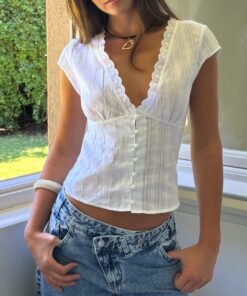 White V Neck Textured Tee